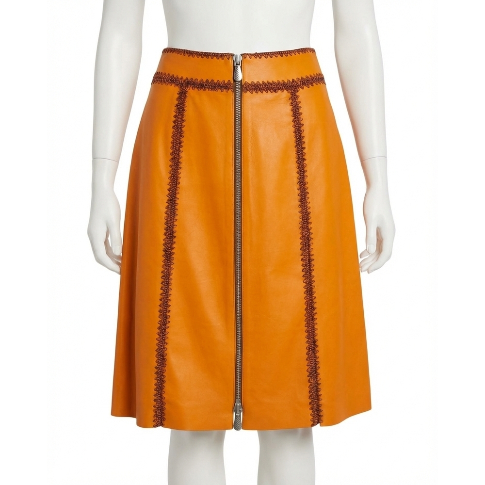 NEW BOTTEGA VENETA women's calfskin leather zip-up skirt in pumpkin